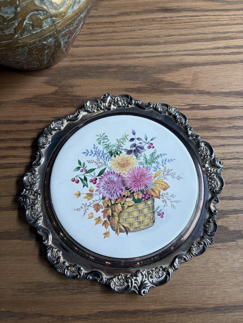 Vintage 1960s Silver Plate Trivet Baroque by Wallace Flower Basket Tile Trivet